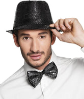 Nessiworld Black Sequined Hat and Bow Tie Set – Glitter Adult Costume Set